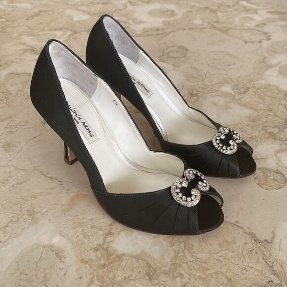 Benjamin Adams London Black Satin & Swarovski Crystals Peep Toe Evening Heels - Picture 2 of 16